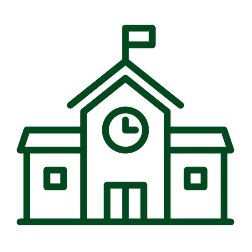 Simple green line drawing of a school building with a clock above the entrance and a flag on top of the roof.