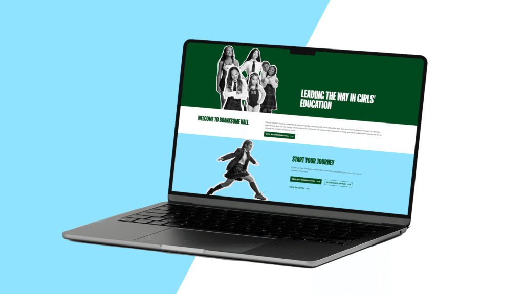A laptop on a white and blue background displays a website with images of girls and green text promoting girls' education. The screen shows photos of students and sections titled "Leading the way in girls' education" and "Start your journey.