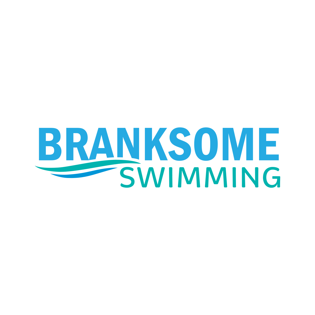 Logo for Branksome Swimming with "BRANKSOME" in blue uppercase letters above "SWIMMING" in green, and two blue wavy lines beneath "BRANKSOME," resembling water.