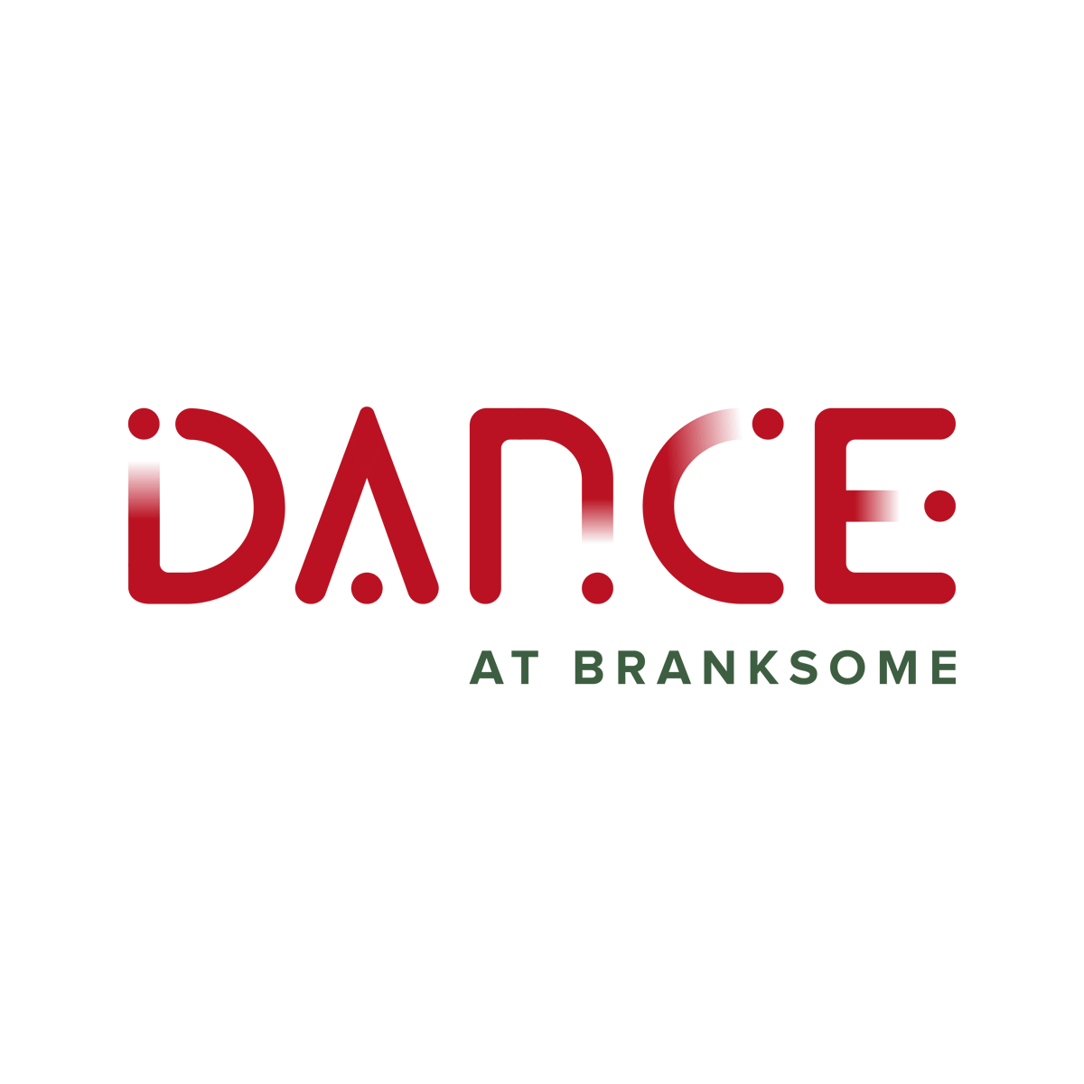 Logo with the word "DANCE" in bold red stylized letters, using dots as design accents, and the words "AT BRANKSOME" in smaller green font beneath. The background is white.