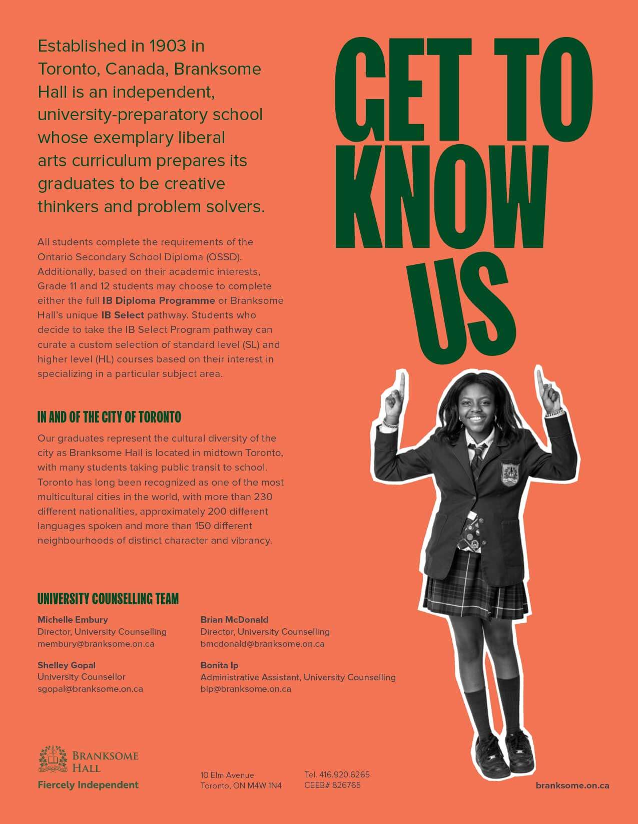 An informational poster for Branksome Hall, featuring a girl in a school uniform smiling and holding books. The text highlights the school’s independent, university-preparatory curriculum and guidance services.